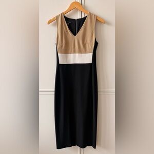 Colorblock V-Neck Midi Dress in Tan, White & Black